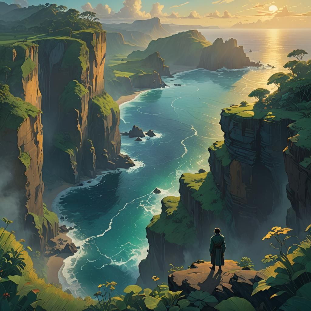 Cliffside Figure in Post-Impressionist Style