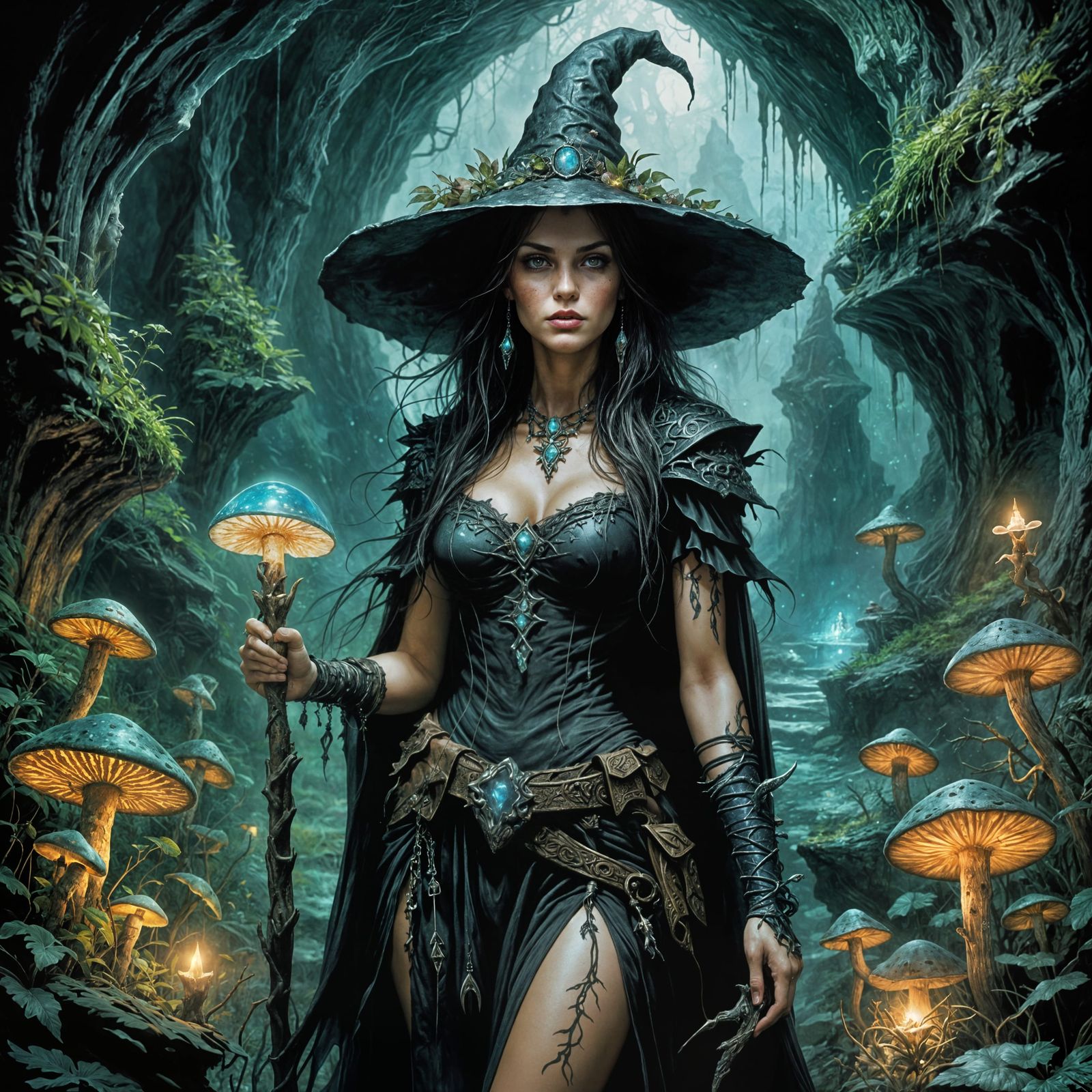 Luminescent Witch in Dark Fantasy Cave
