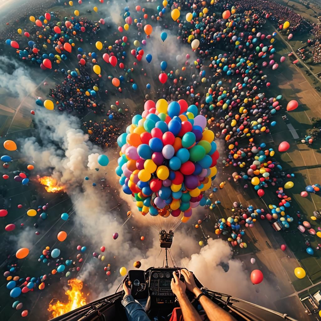 Dramatic Hot Air Balloon Selfie with Burning Plane