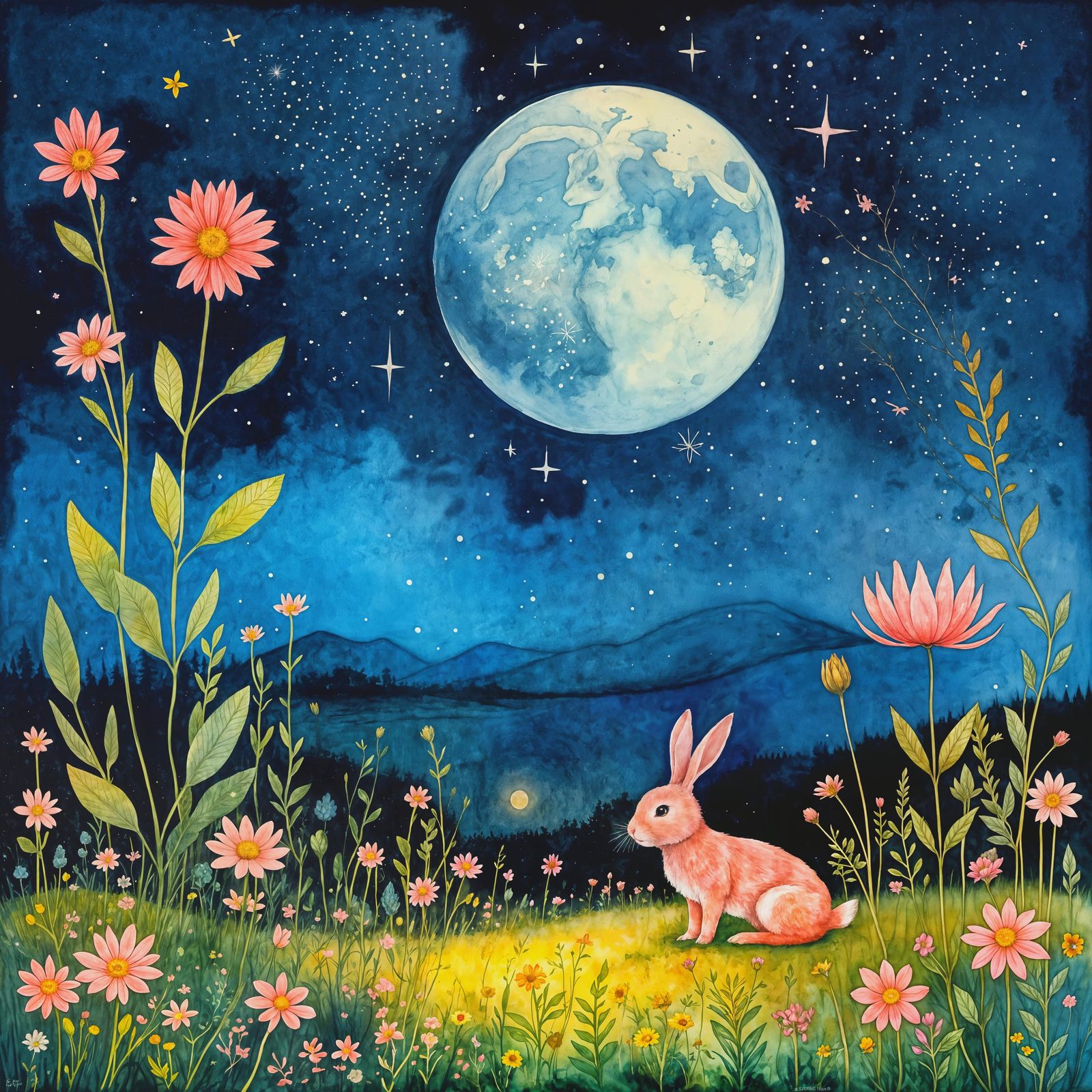 Pink Bunny Amidst Celestial Midnight Wildflowers