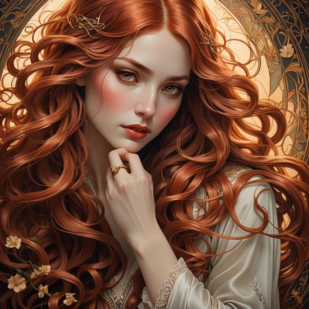 A girl with beautiful long shiny red hair curls - Nouveau co...