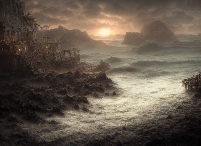 Detailed Steampunk Shore in Hyperrealistic Style