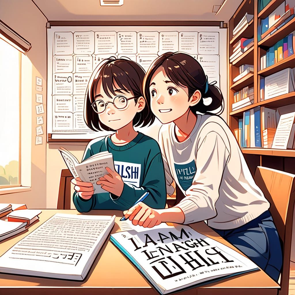 Child Learning English with Teacher in Anime Style