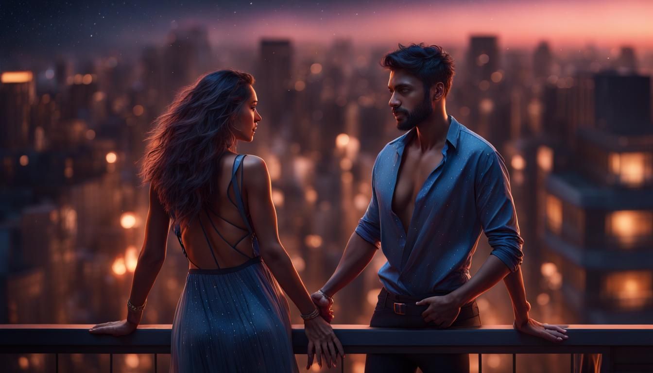 Rooftop Salsa Dancers at Night in Hyperrealism