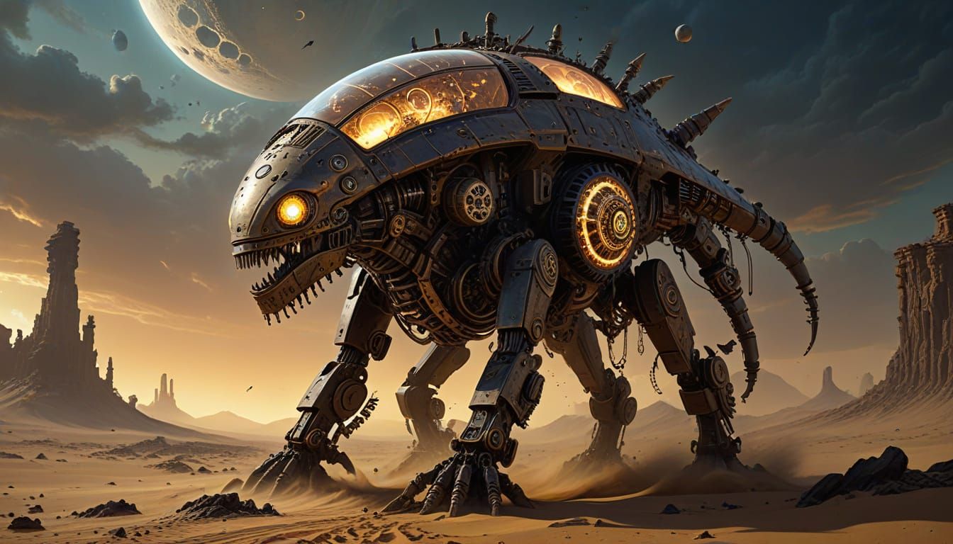Colossal Clockwork Automaton Patrols Alien Desert Under Shat...