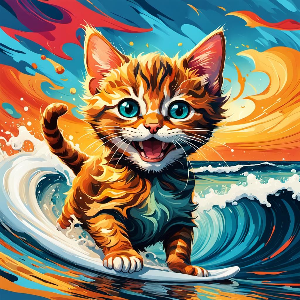 Kitten Surfer Laughing in Fauvist Expressionism