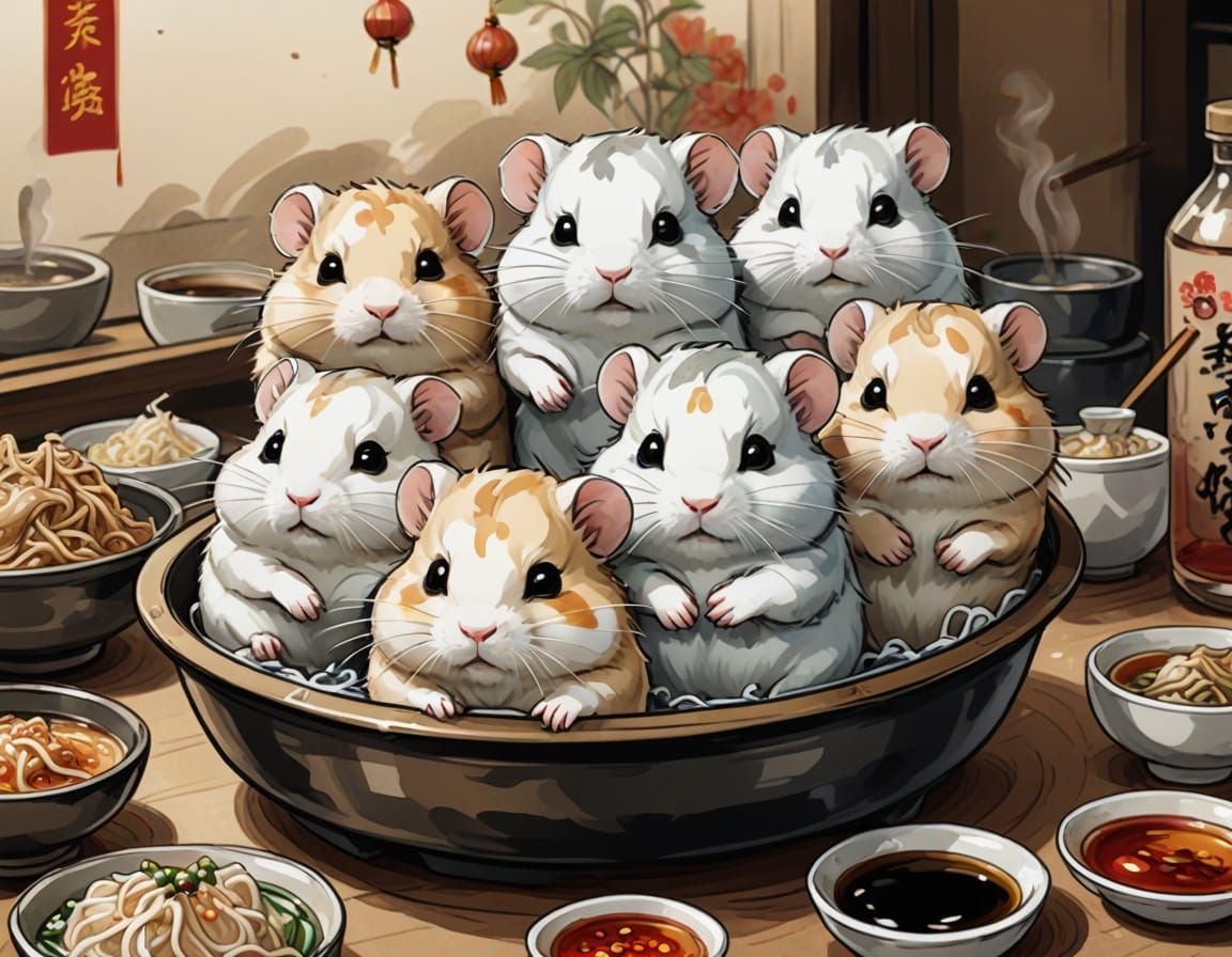 Traditional Chinese Bao Hamsters in Steamer Portrait, Ink Ar...