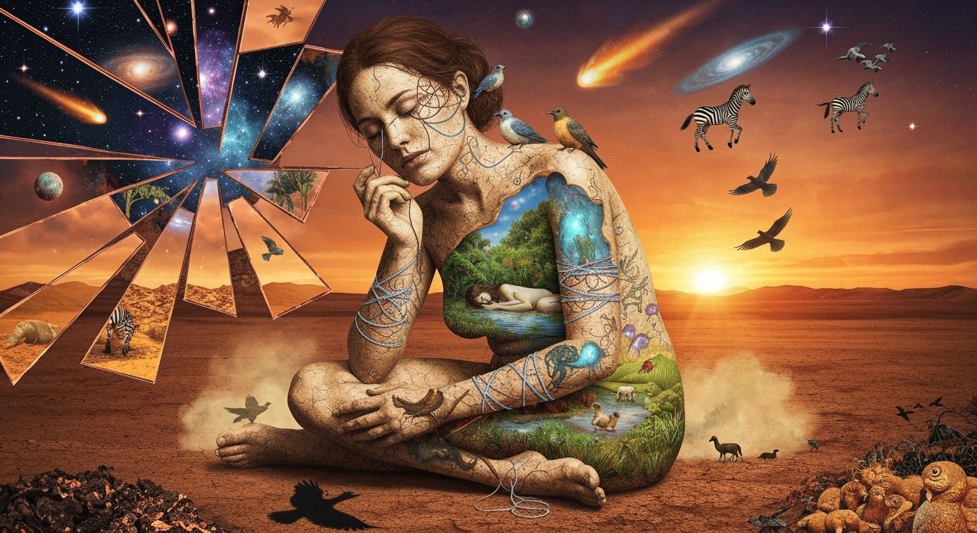 Woman with Earth Body Revealing Bioluminescent Oasis Within