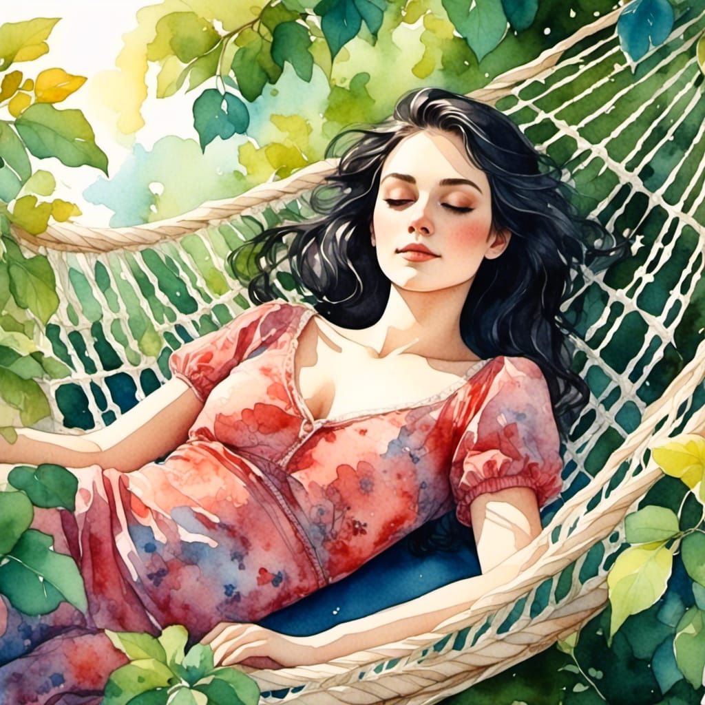 Girl in Hammock: Watercolor Garden Dream