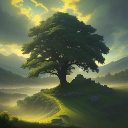 Peaceful Landscape with Ancient Tree and River