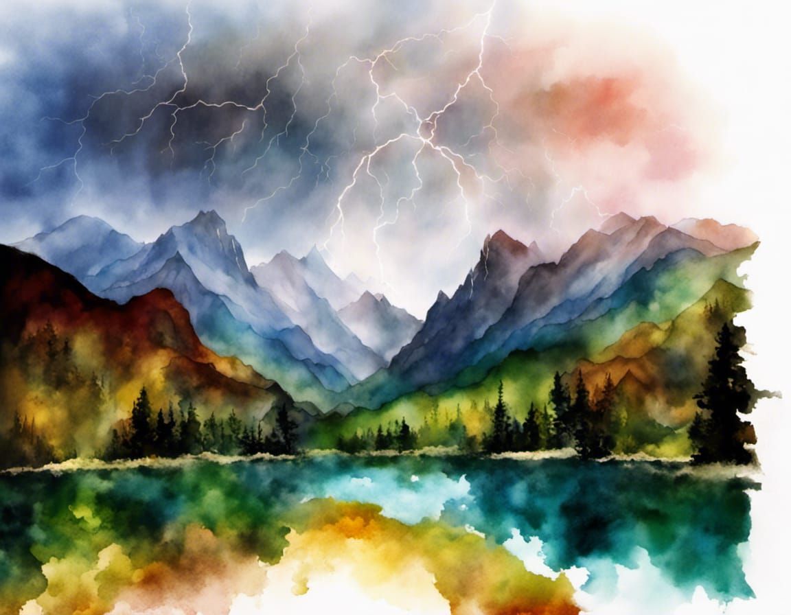 Dramatic Mountain Range in Watercolor Ink Style