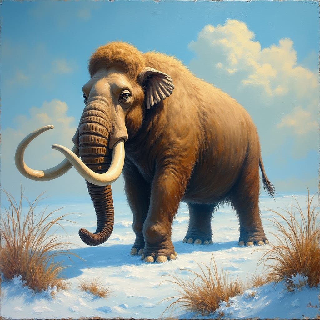 Woolly Mammoth in Ice Age Landscape, Detailed Oil Painting