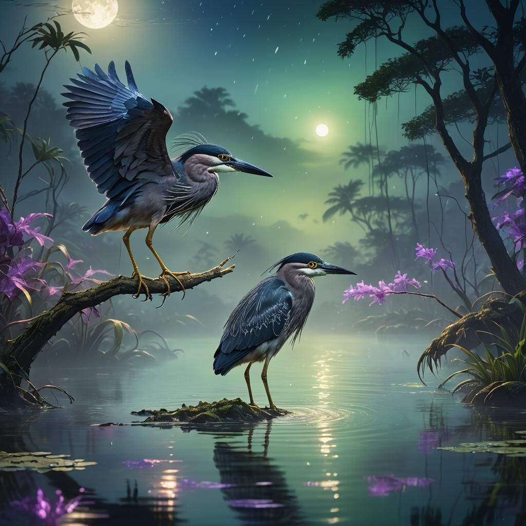 Night Heron Fishing in Moonlit Lagoon