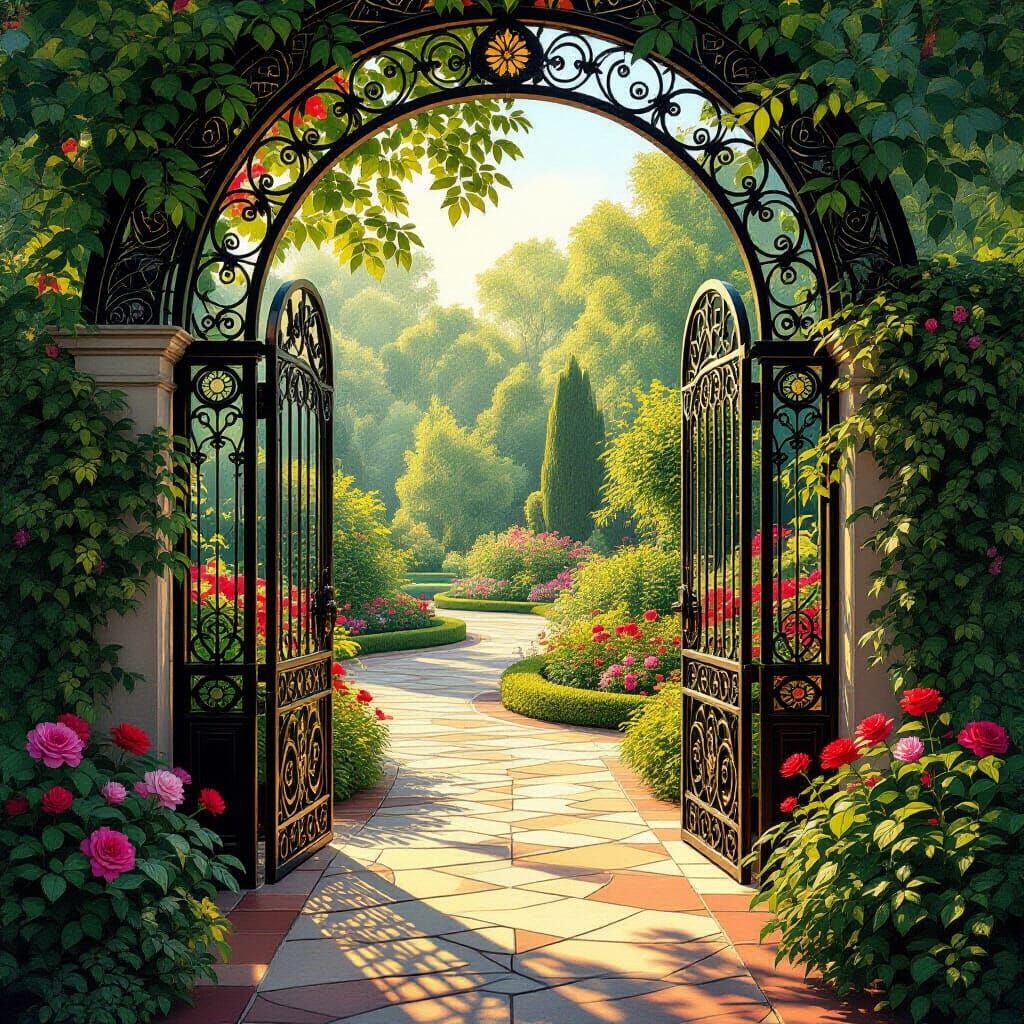 Art Nouveau Deco Garden with Golden Hour Light