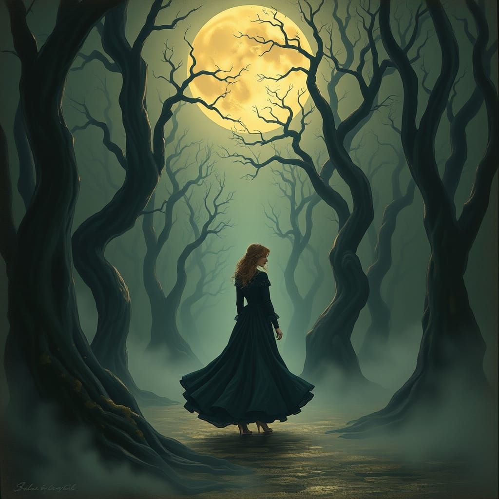 Victorian Woman in Misty Forest, Dark Fantasy Style