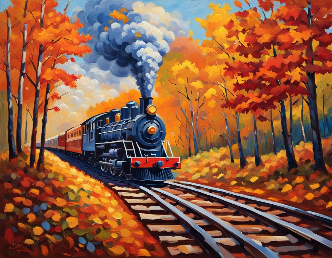 Autumn Train in Impasto Oil Painting Style