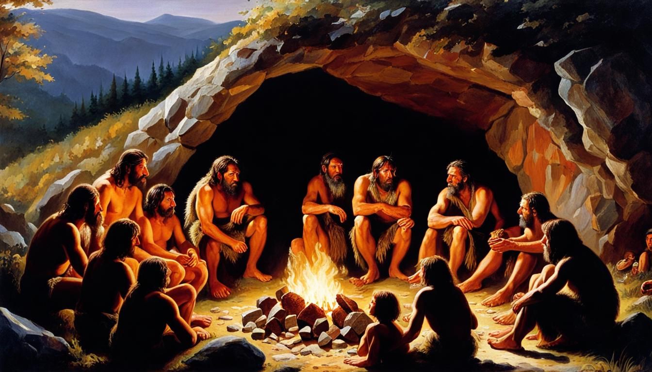 Neanderthal Gathering: A Prehistoric Rock Shelter Scene