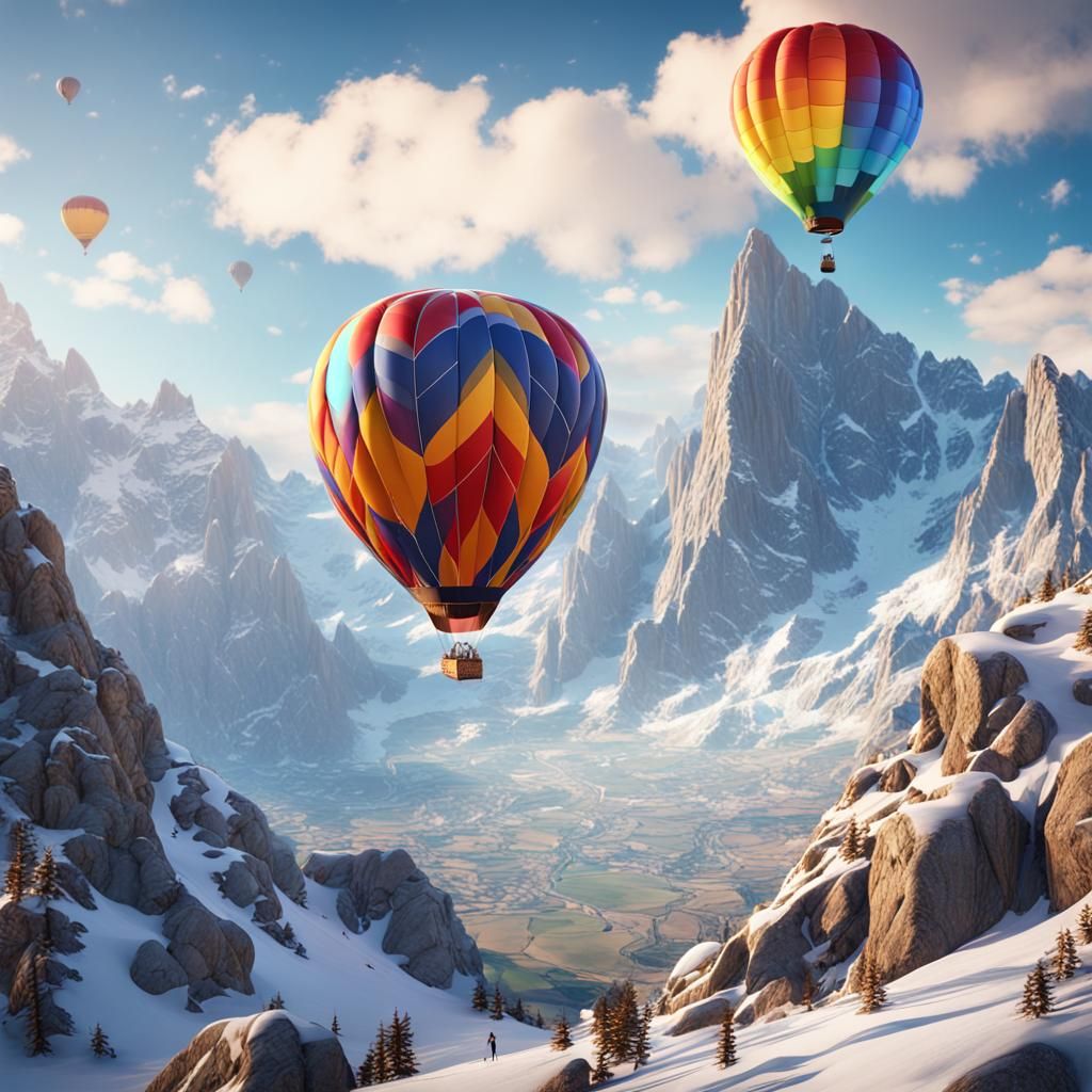 Colorful Hot Air Balloon Over Snowy Alps