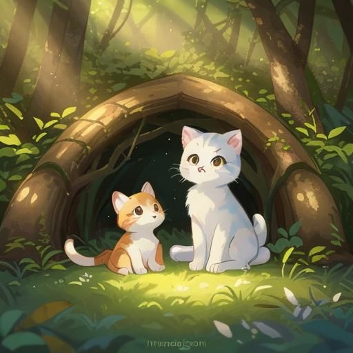Puppy and Kitten: a Fantasy Woodland Scene