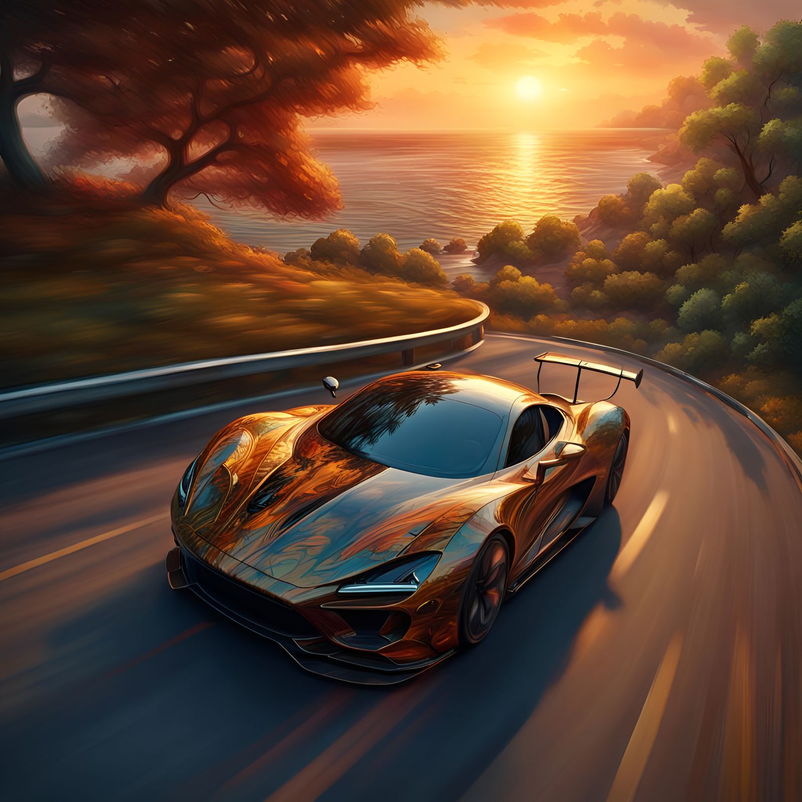 Fast Car at Sunset: An Oil Painting