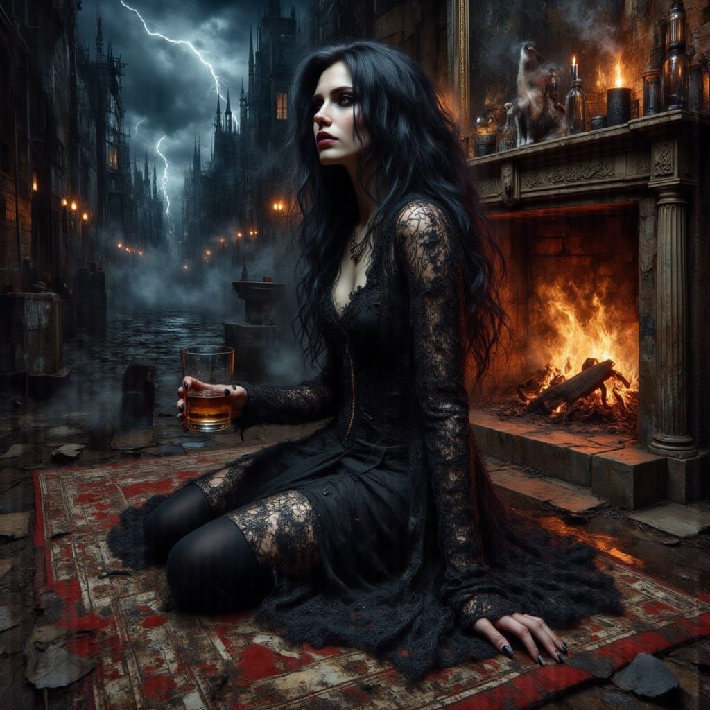 Lilith in Haunted Library: Surreal Oil Painting