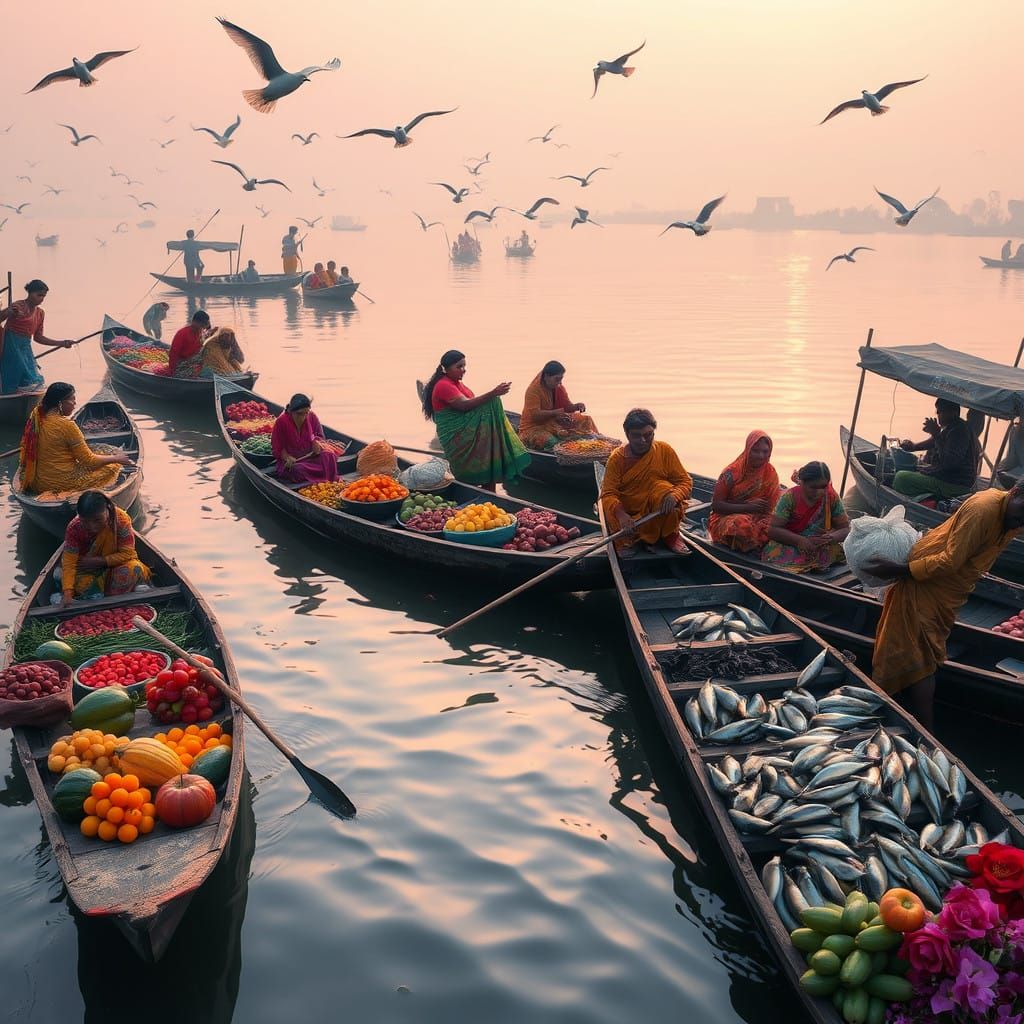 Vibrant Floating Market in Barisal at Dawn