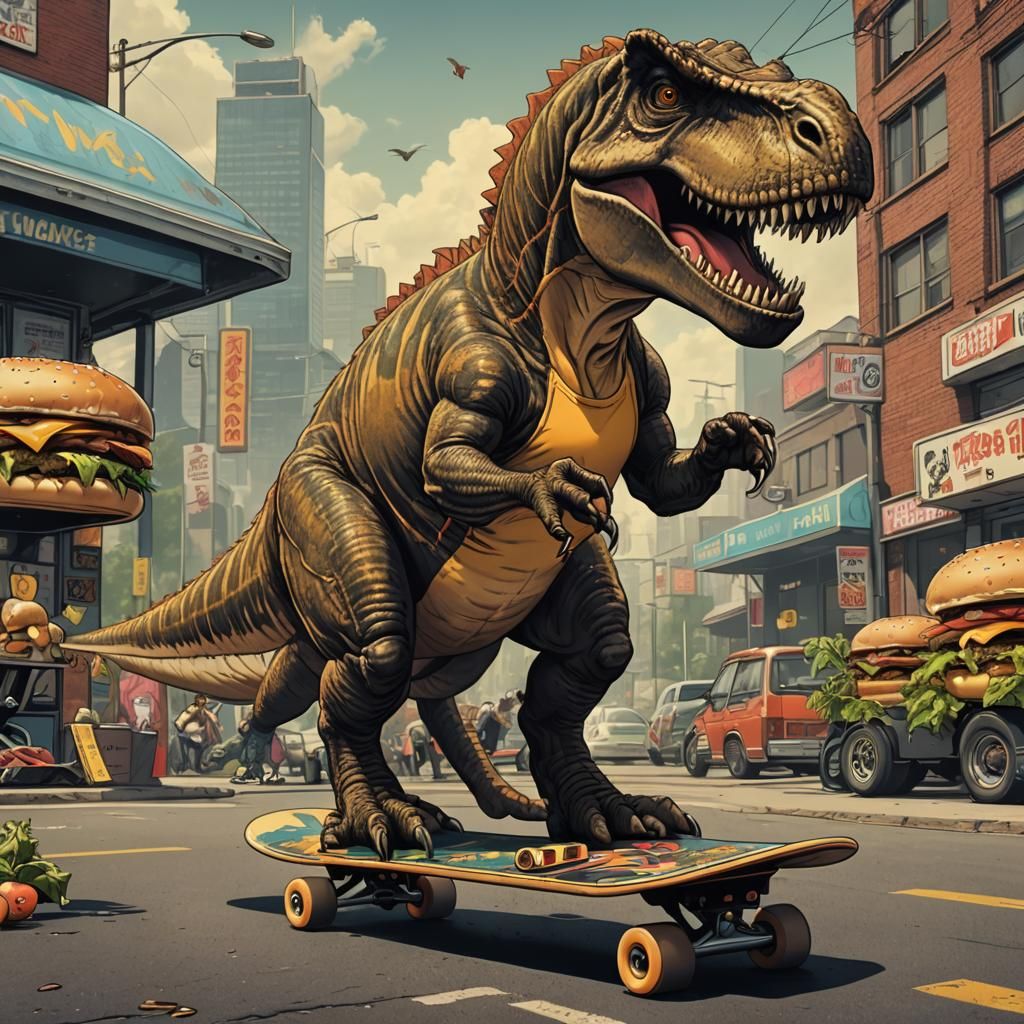 T-Rex on Skateboard: 80s Anime Comic Style