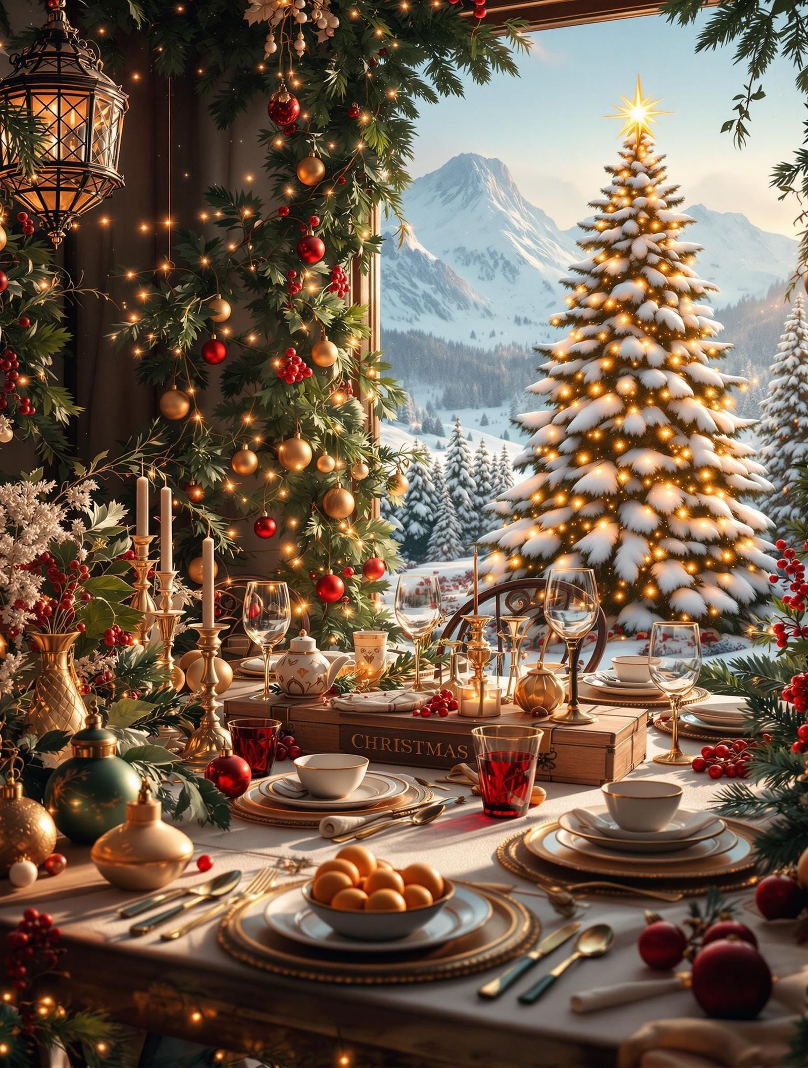 Luxurious Christmas Table Setting in a Golden Winter Wonderl...