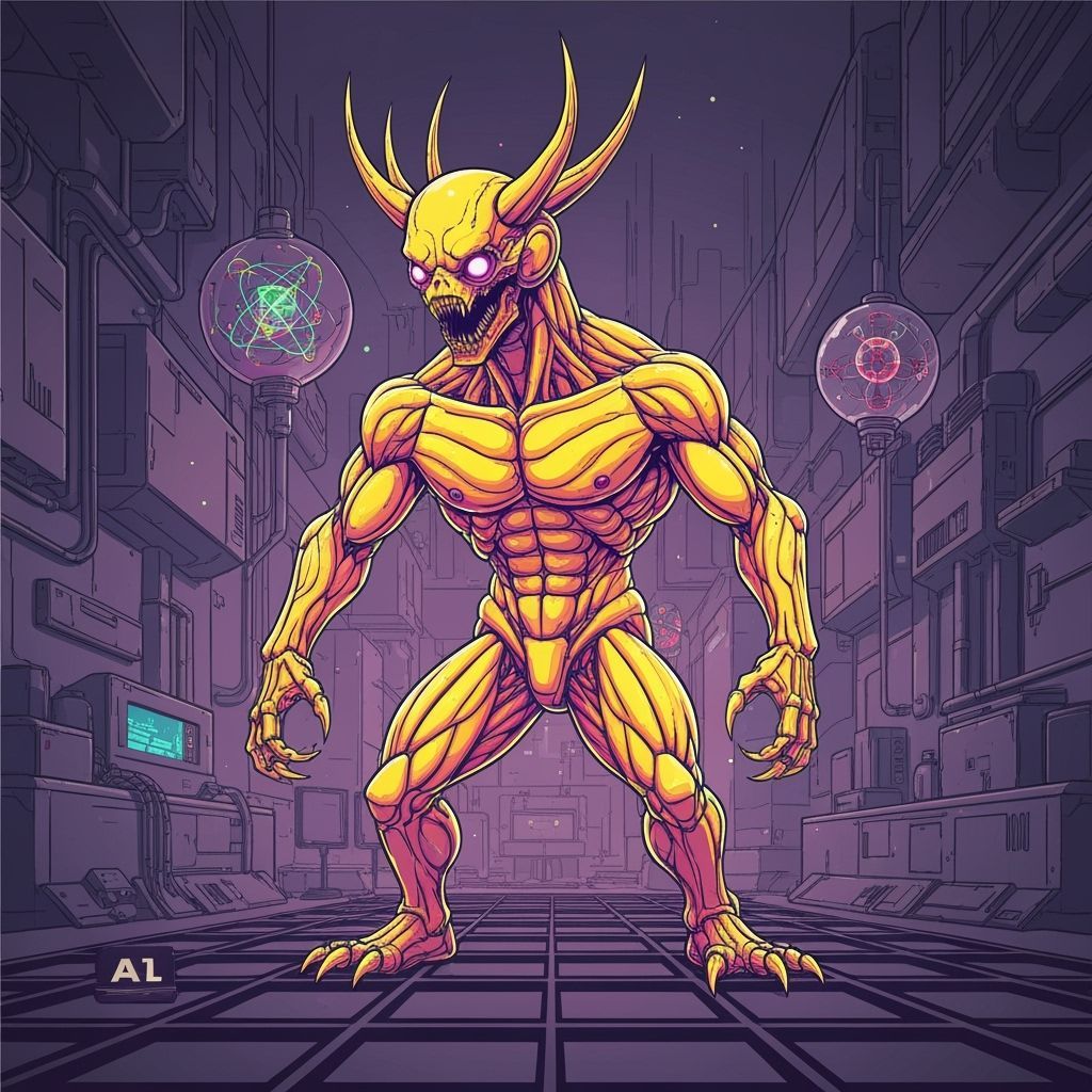 Quantum Physics Monster in Retro-Futuristic Vector Graphic