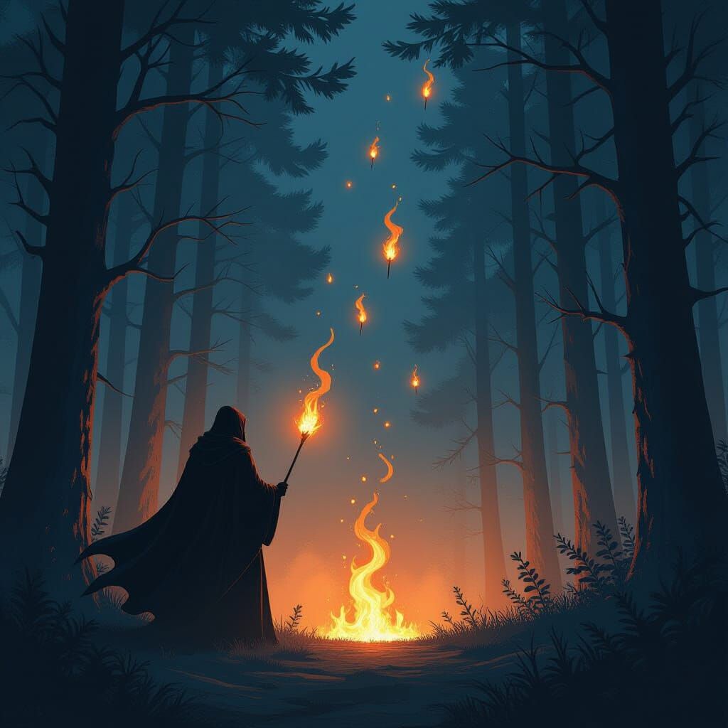 Mystical Forest Ablaze with Arrows: A Haunting Fantasy