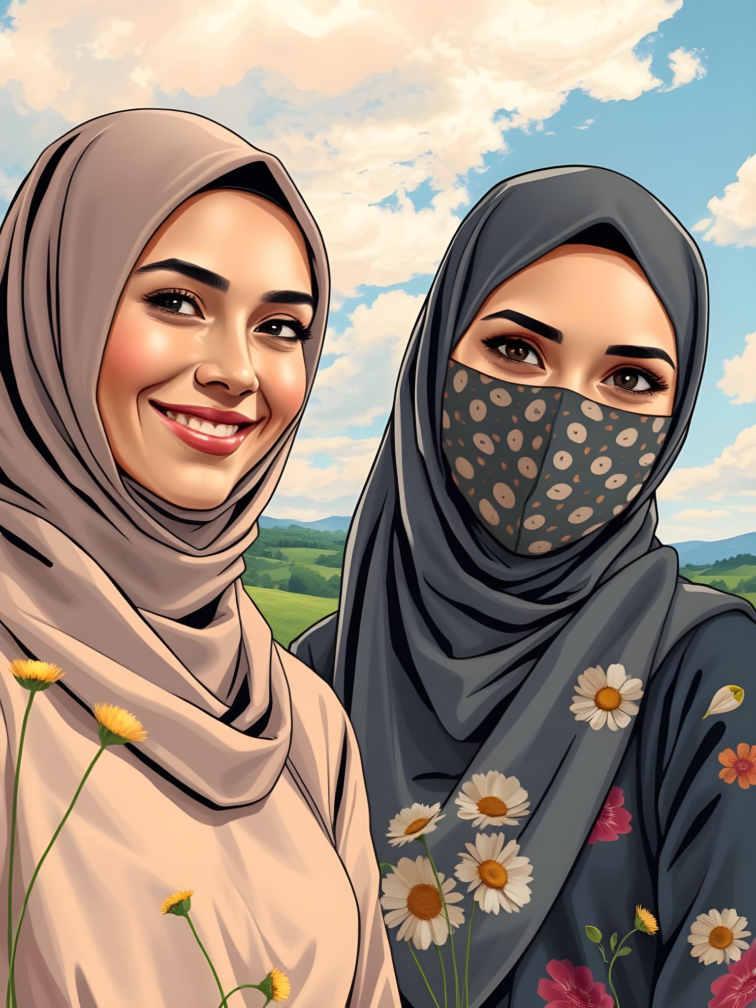 Two Friends in Hijab, Comic Book Portrait