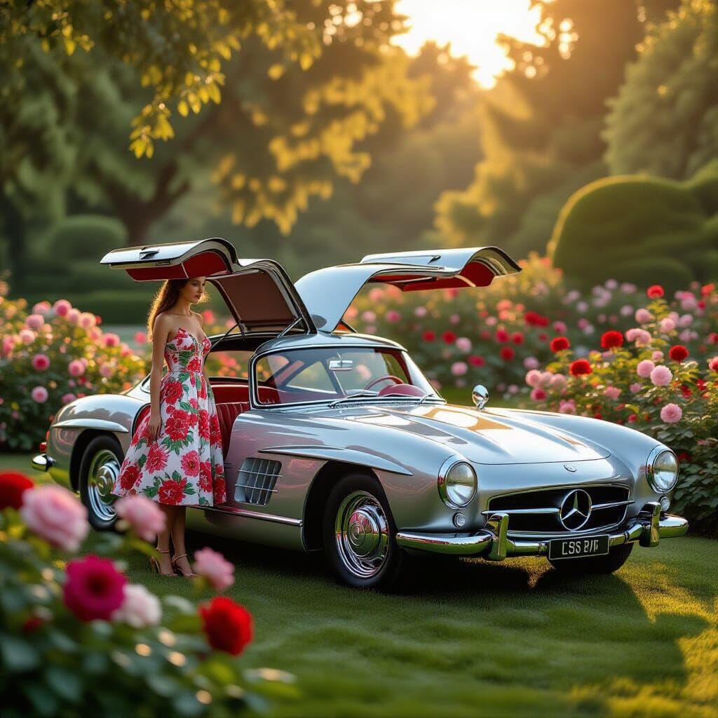 Vintage Silver Fantasy Sportscar in Rose Garden