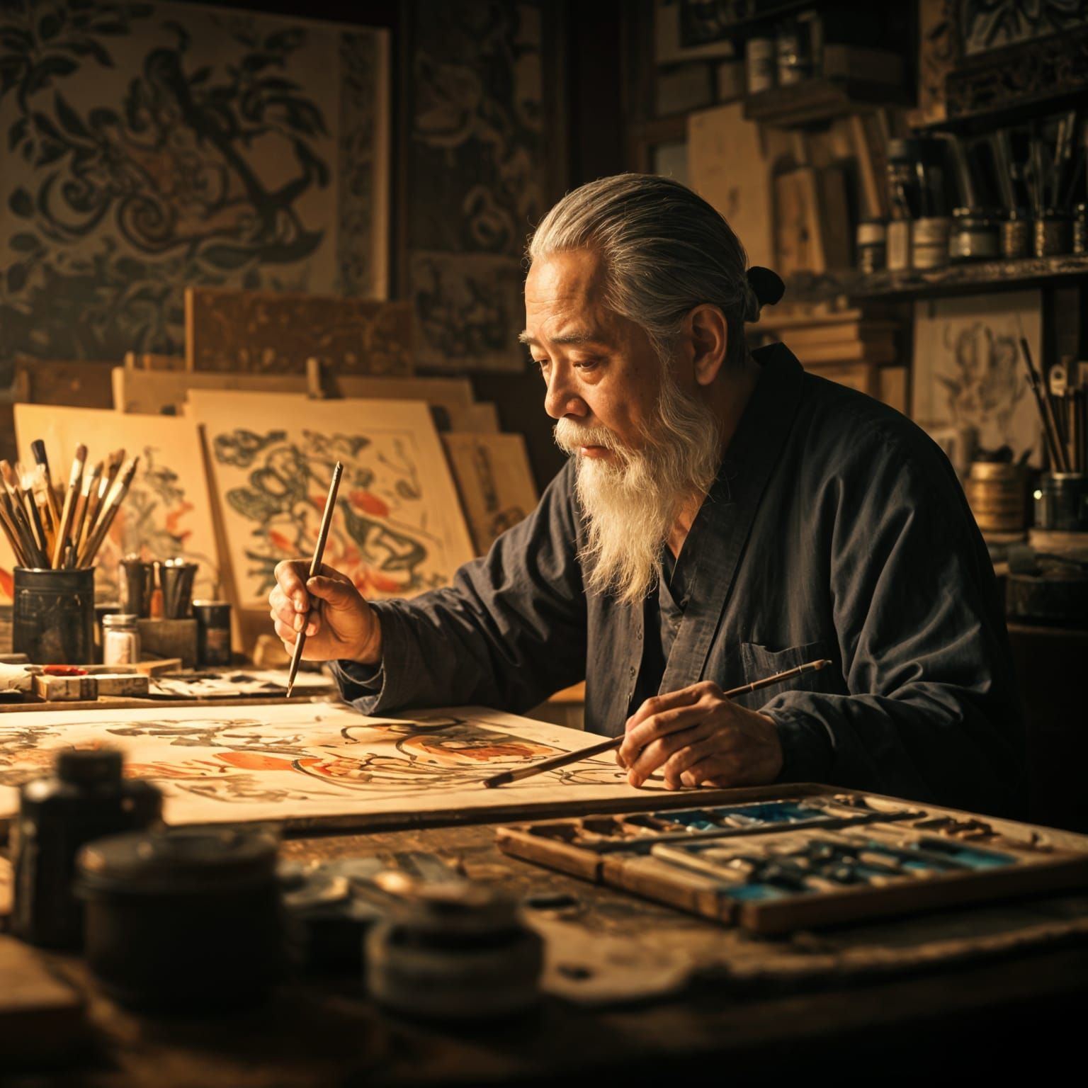 Detailed Asian Mythology Painting in Workshop