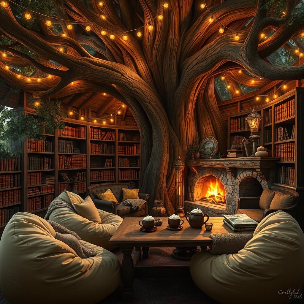 Cozy Treehouse Interior in Maximalist Digital Painting Style