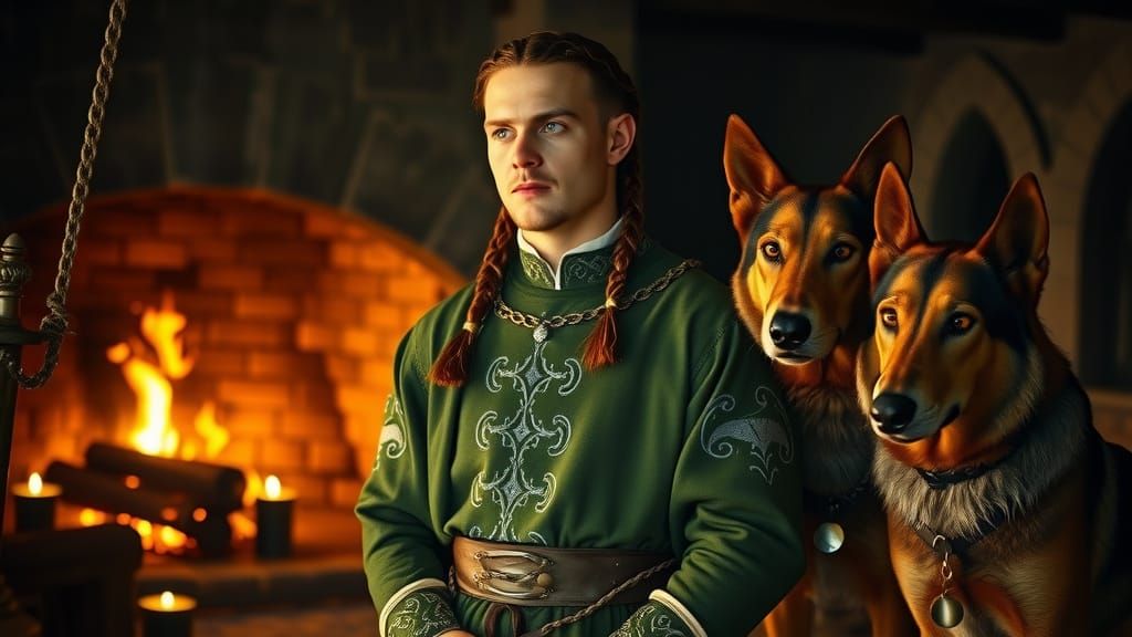 Celtic Prince by Roaring Hearth with Irish Wolfhounds