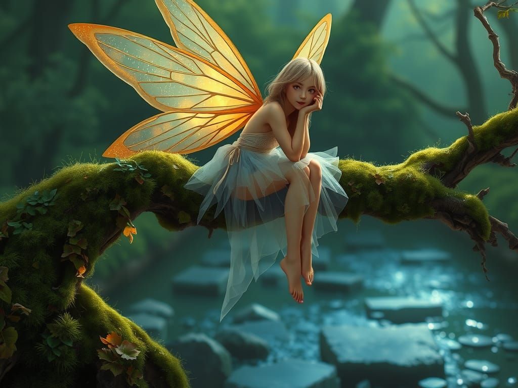 Detailed Fairy on Mossy Branch: Digital Art
