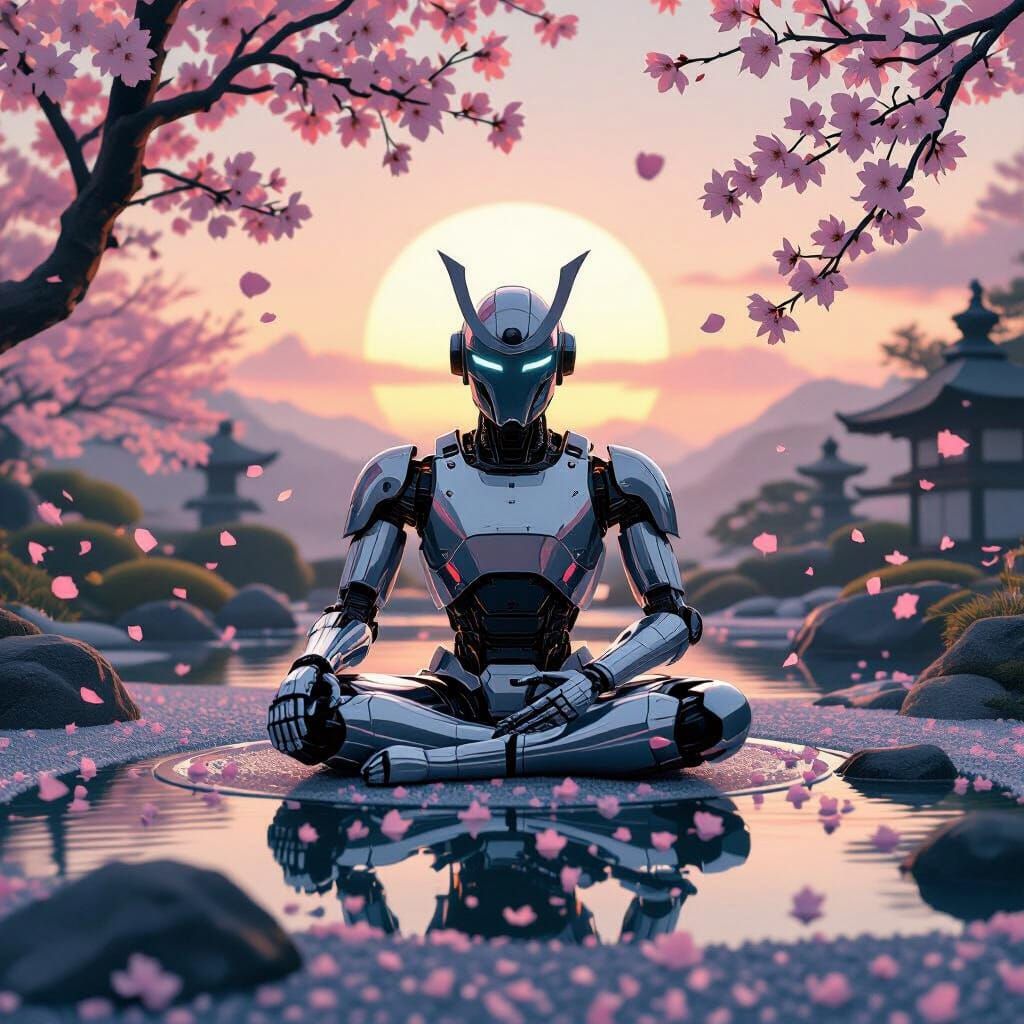Robot Samurai Meditating in Zen Garden