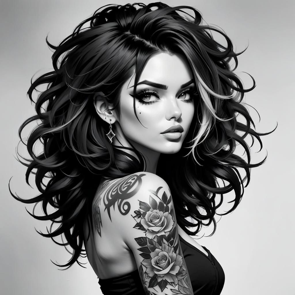 Sketch of a Tattooed Woman with Tousled Hair