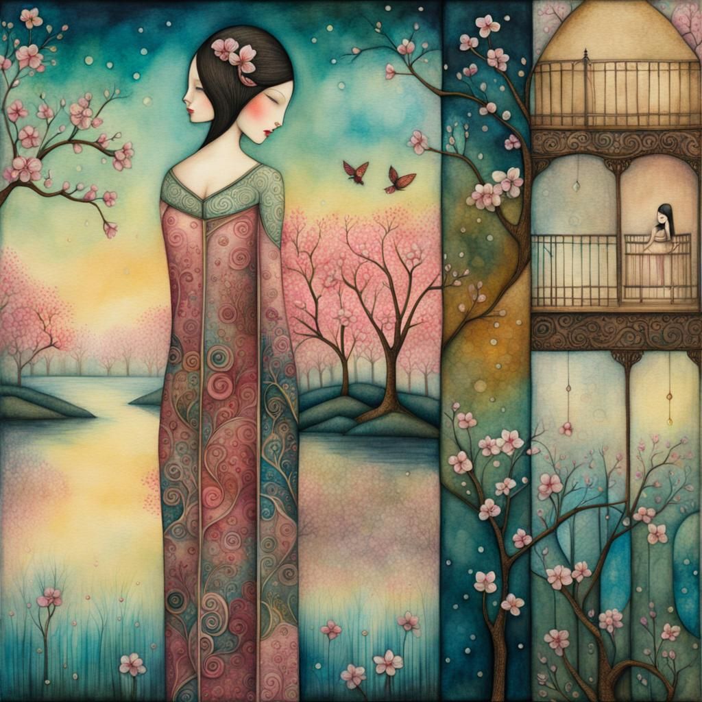 Transparent Woman with Cherry Blossoms in Art Brut Style