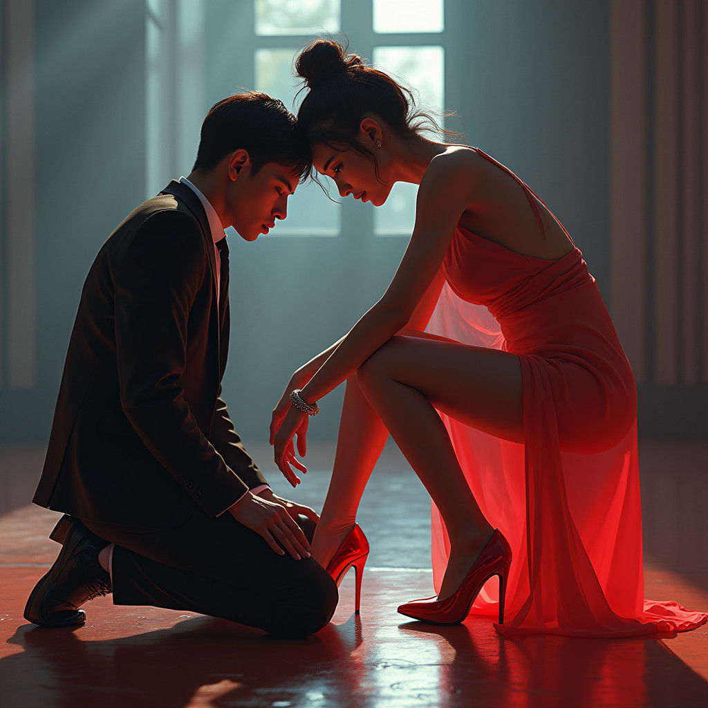 Elegant Woman with Kneeling Man: Digital Art Portrait