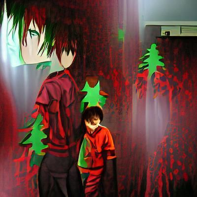 Eerie Anime Scene: Boy, Mirror, and Distant Light