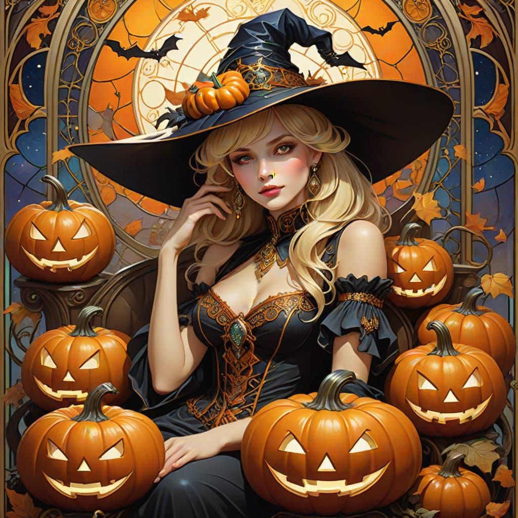 Art Nouveau Witch Femme Fatale with Jack-o'-Lanterns