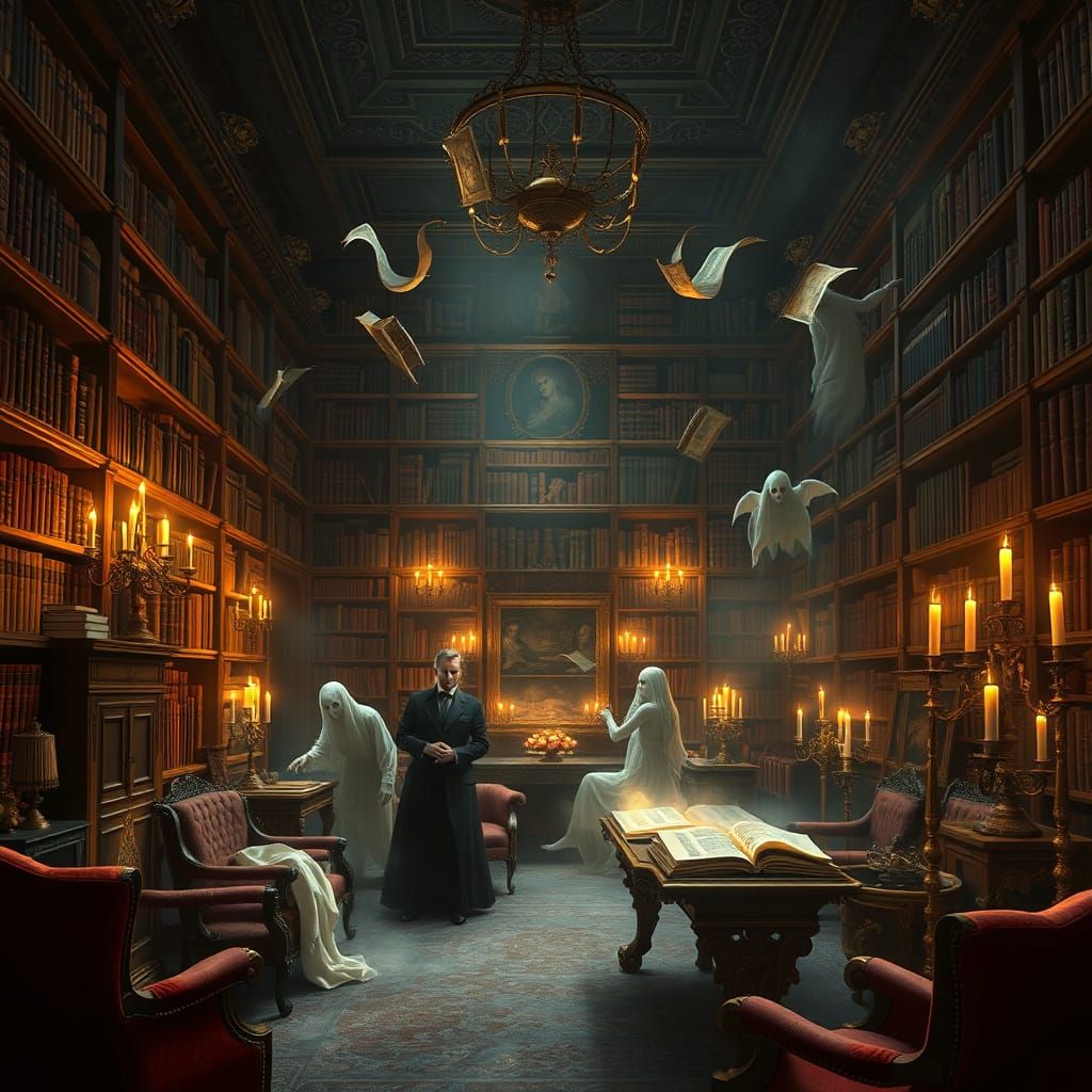 Elegant Vampire Lair Library Filled with Ghosts and Demons
