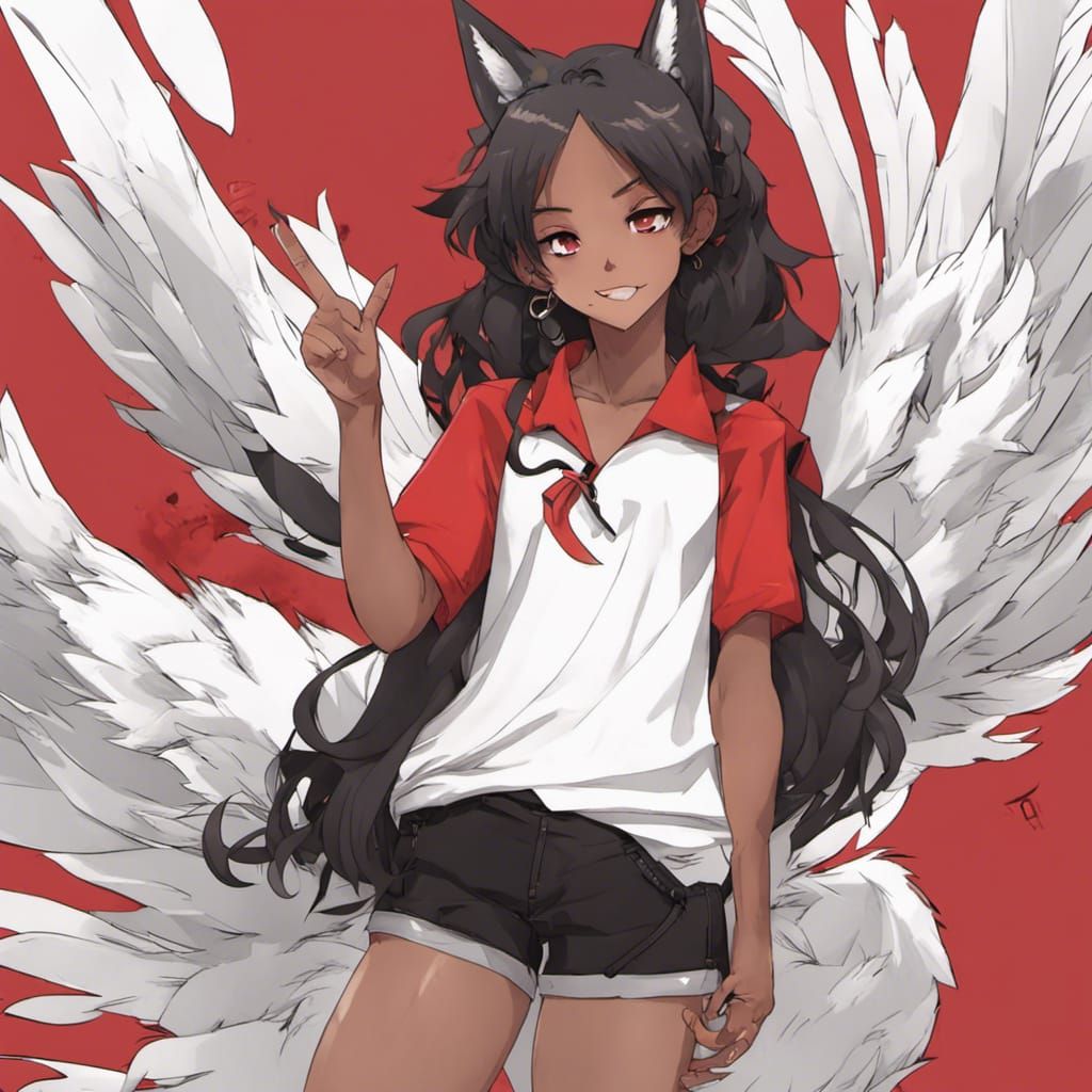 Anime Girl with Wolf Tail and Angel Wings