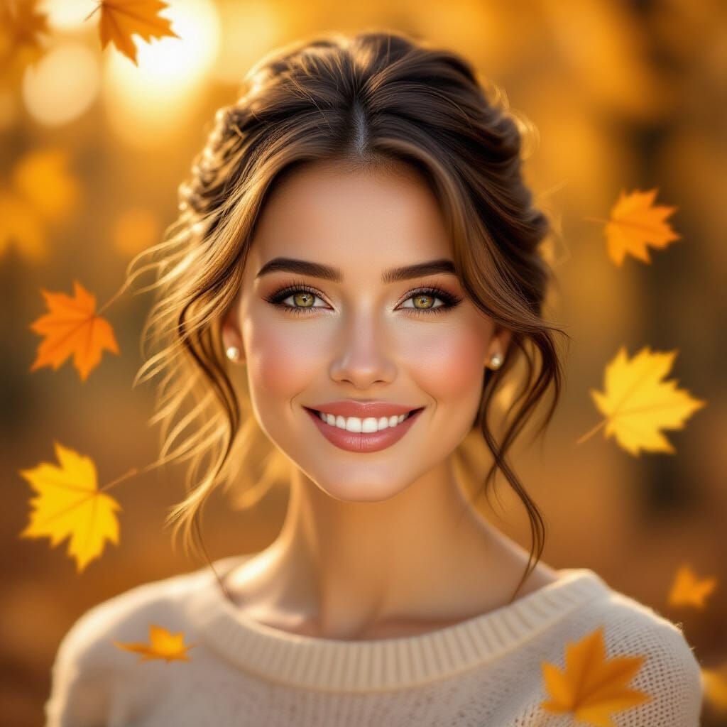 Romantic Woman in Autumn Leaves Portrait