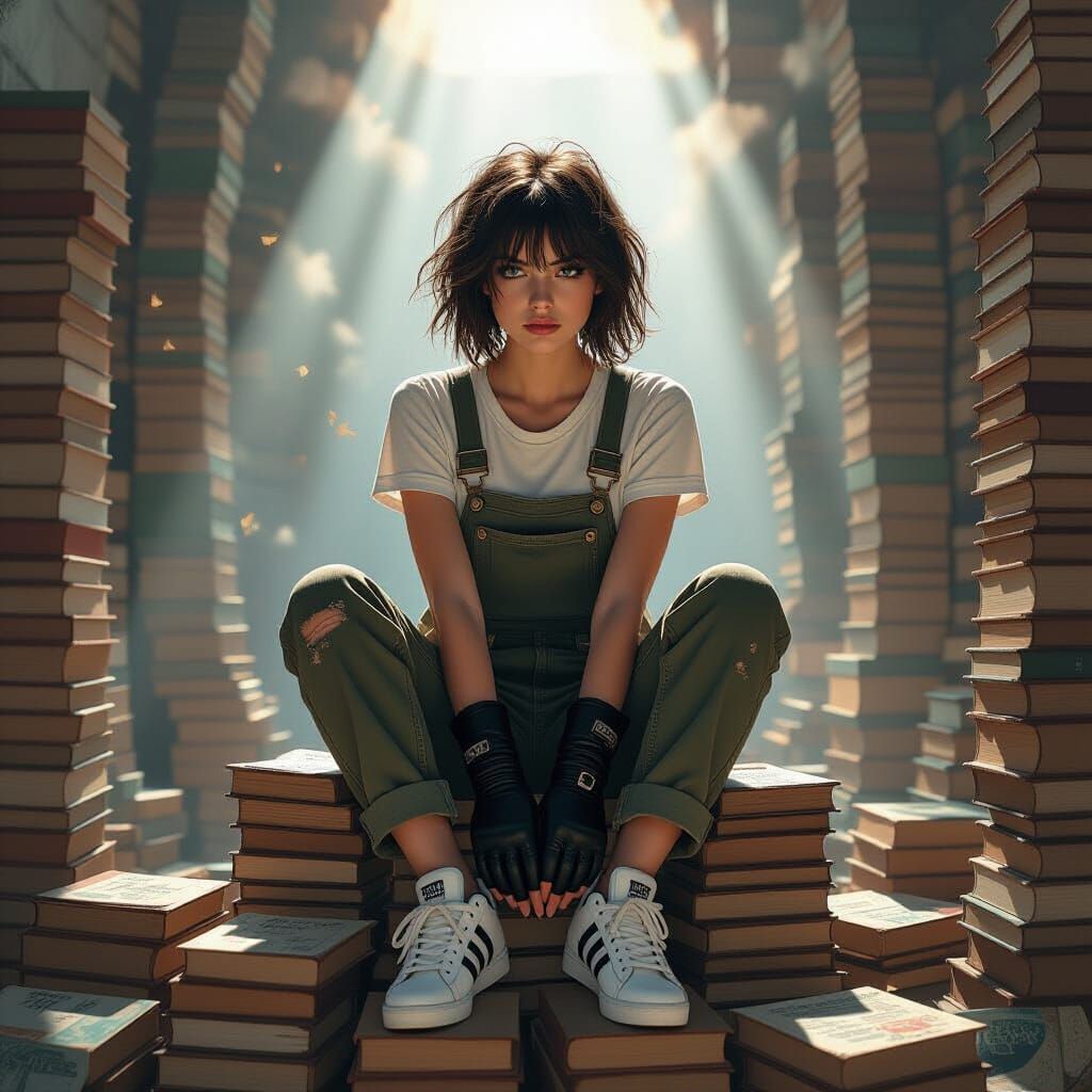 Woman Sits on Books in Dusty Room with Holy Light