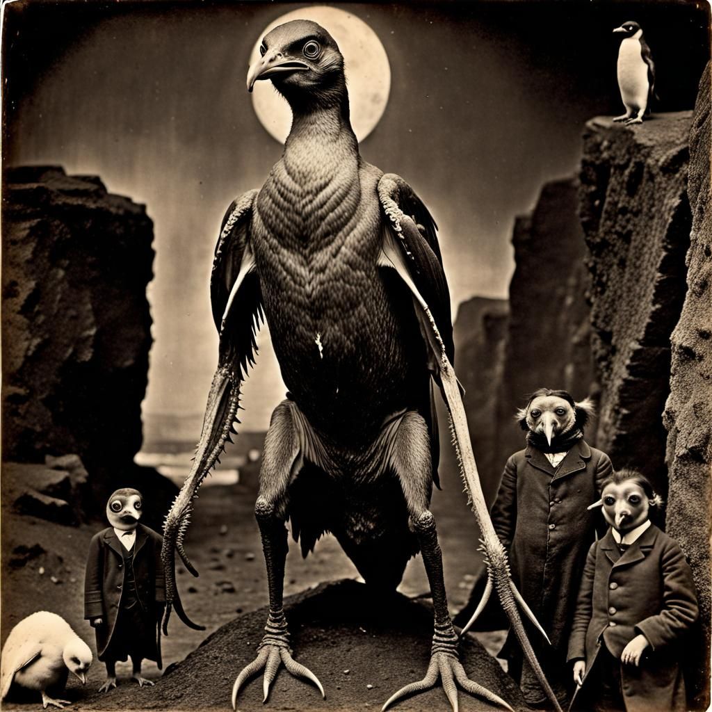 Grotesque Daemon and Penguin in Sepia Photograph