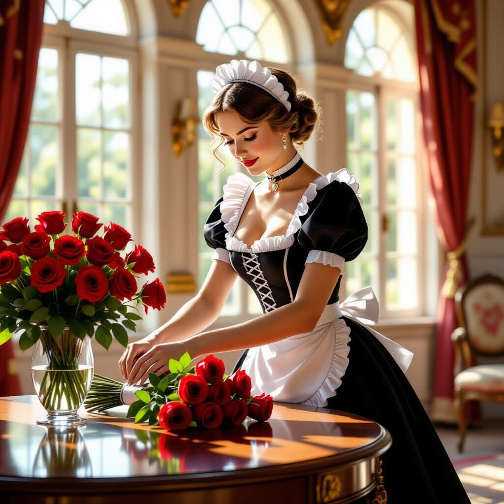 Elegant Maid Arranges Roses in Opulent Drawing-Room