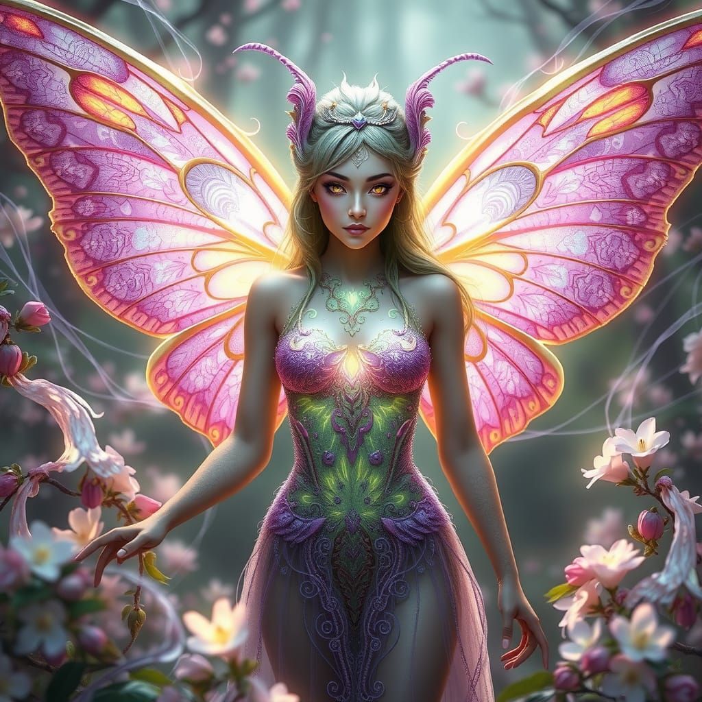 Goddess Butterfly-Moth Hybrid with Lilac Hairs and Glowing W...