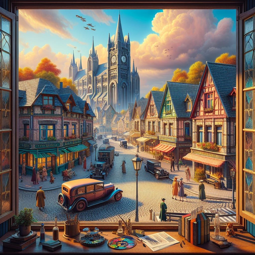 1950s Town Square Matte Painting Through Window